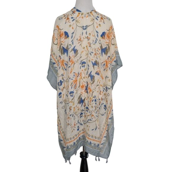 Woven Heart Floral Duster Kimono Womens One Size Blue Fringe Lightweight Boho - Picture 9 of 11